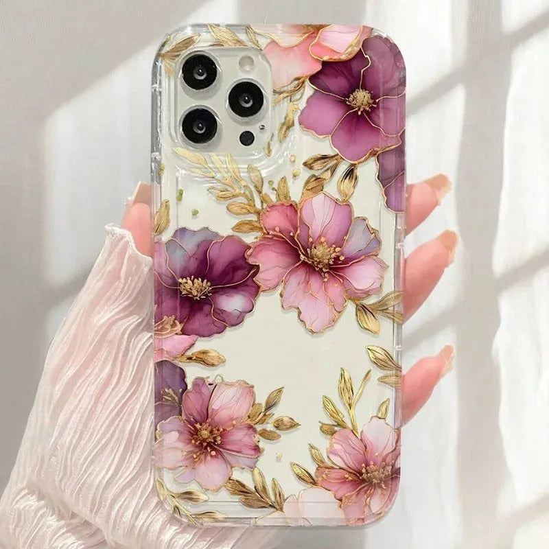 Transparent frosted TPU air spring phone case for Apple 12 Pro Max with pink purple flowers print