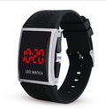 Women's LED watch with plastic band and digital display in black with red line, sporty aviation style