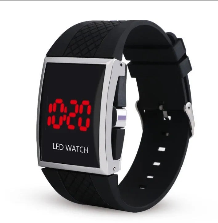 Women's LED watch with plastic band and digital display in black with red line, sporty aviation style