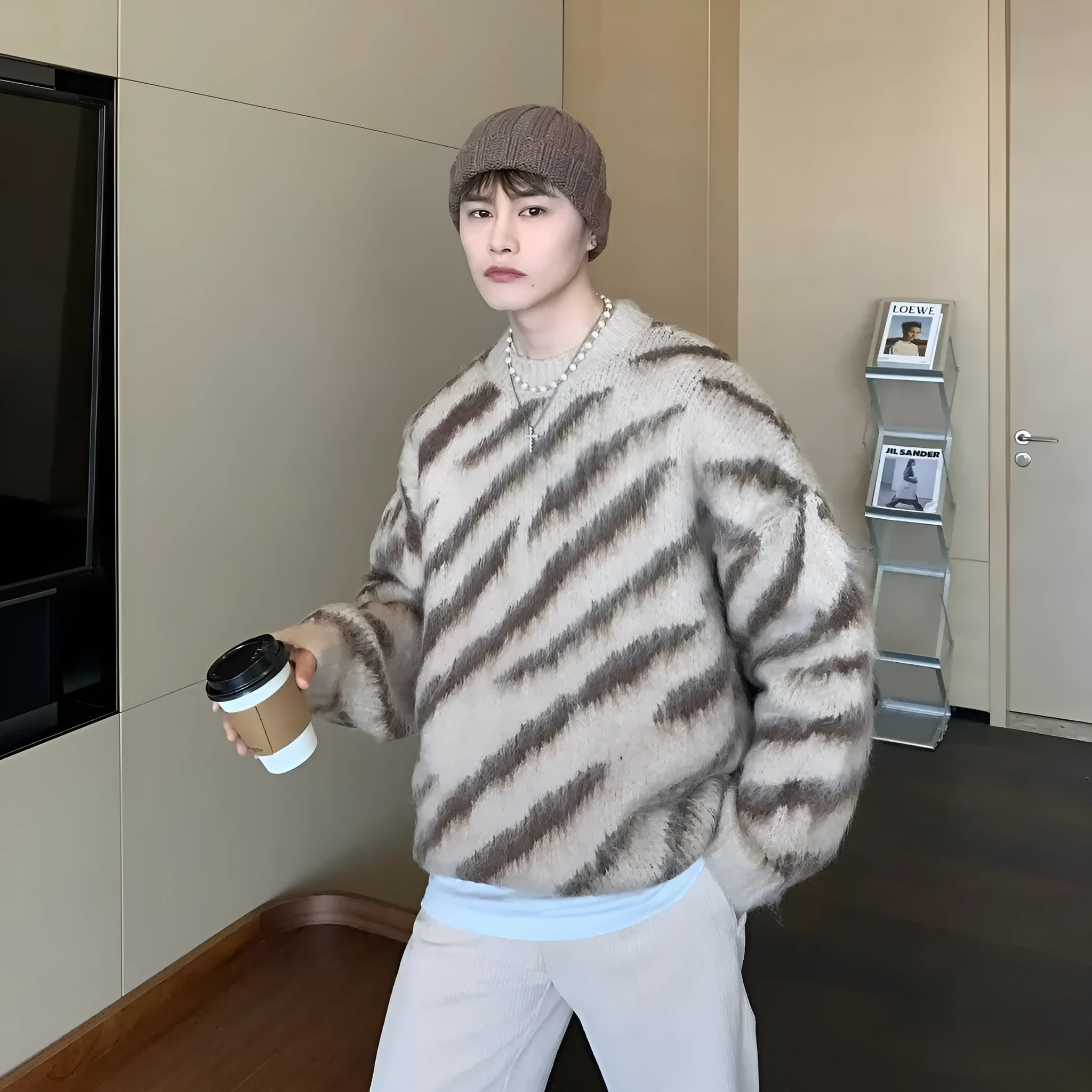 Zebra stripe retro cardigan men's loose knit sweater in cotton blend, gray colour, long sleeves