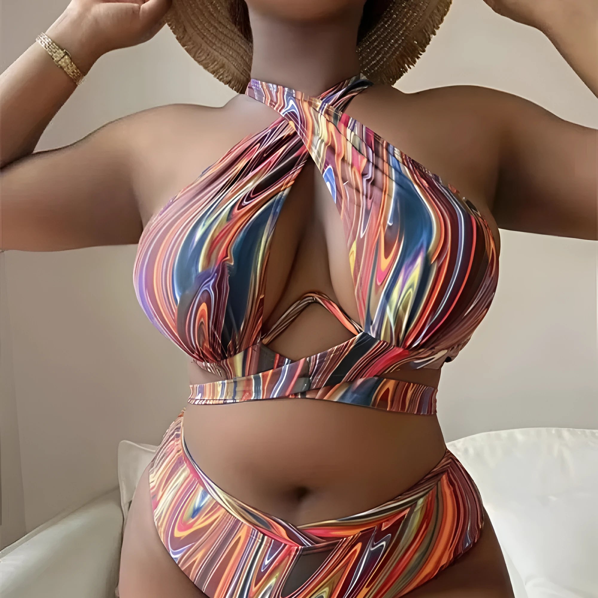 Women's floral high waist bikini swimsuit in plus sizes for swimming activities