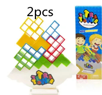Plastic balance stacking tower game with coloured blocks on a base for kids and adults