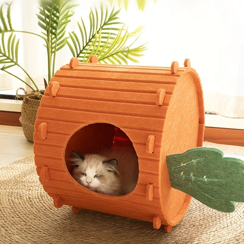 A soft grey felt cat tunnel nest with a round entrance, shown in two different sizes.