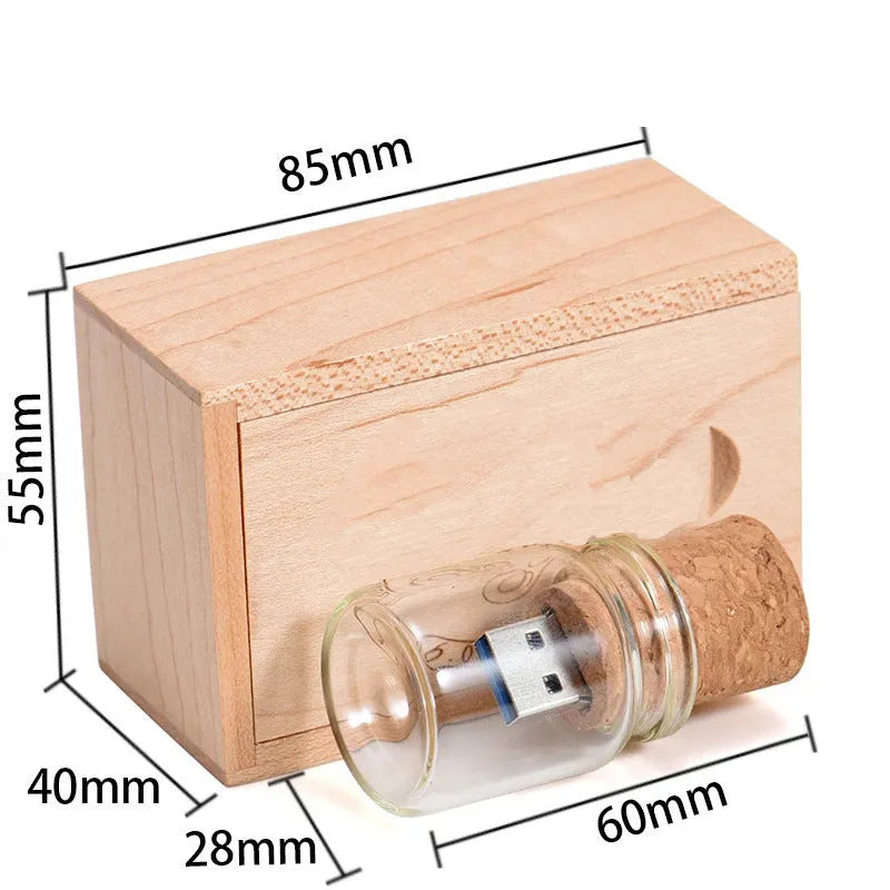 Wooden drift bottle shaped USB flash drive in chocolate colour with graphic customisation option
