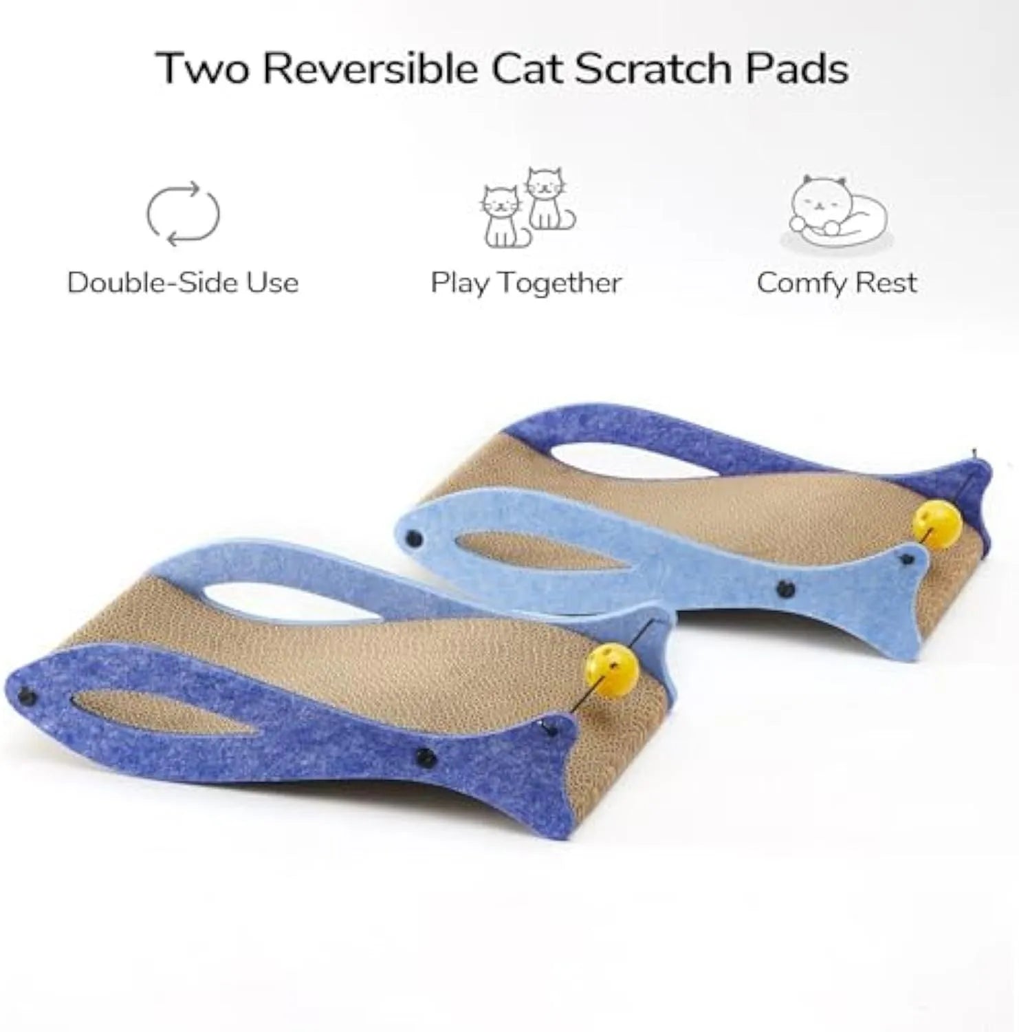 Blue fish-shaped cat scratcher lounge with corrugated cardboard surface and attached bell ball toy