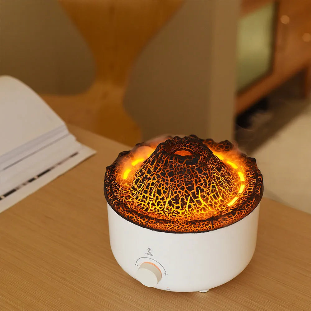 White columnar volcano humidifier with simulated flame lighting effect and remote control