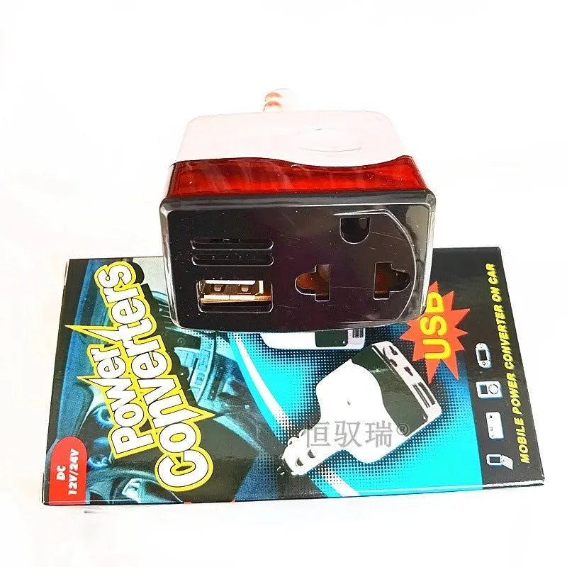 Car cigarette lighter charger with 220V AC socket and USB port for mobile phone charging