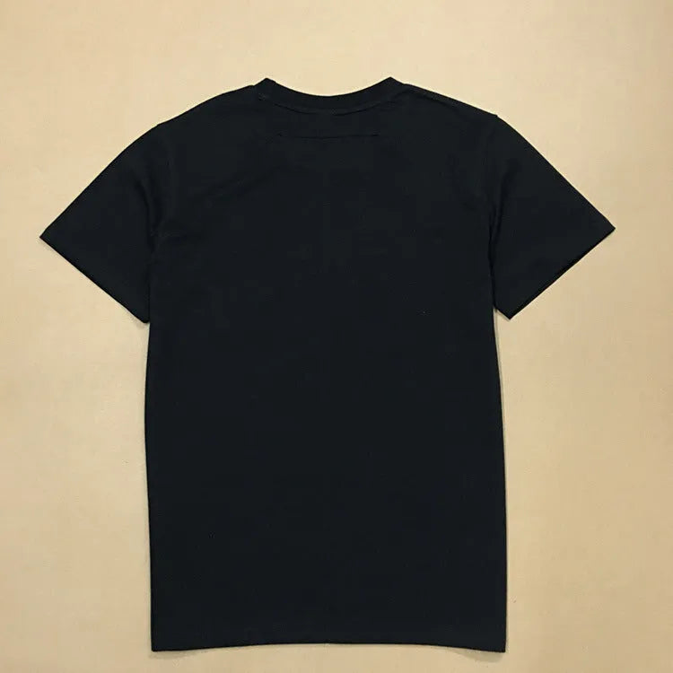 3D printed big evil dog head graphic on black combed cotton short-sleeved T-shirt, front view