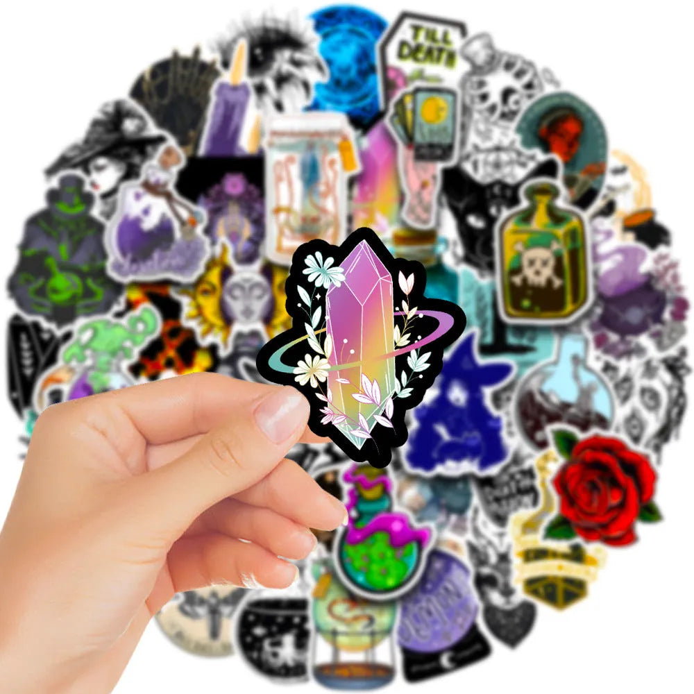 Pack of 50 colourful waterproof PVC vinyl stickers for laptops and skateboards on a smooth surface