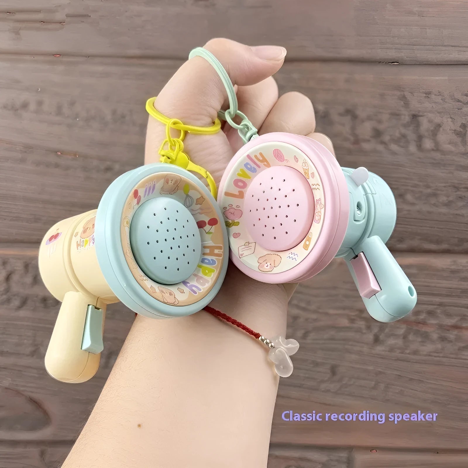 Green and yellow cartoon recording horn plastic keychain ornament with cute style design