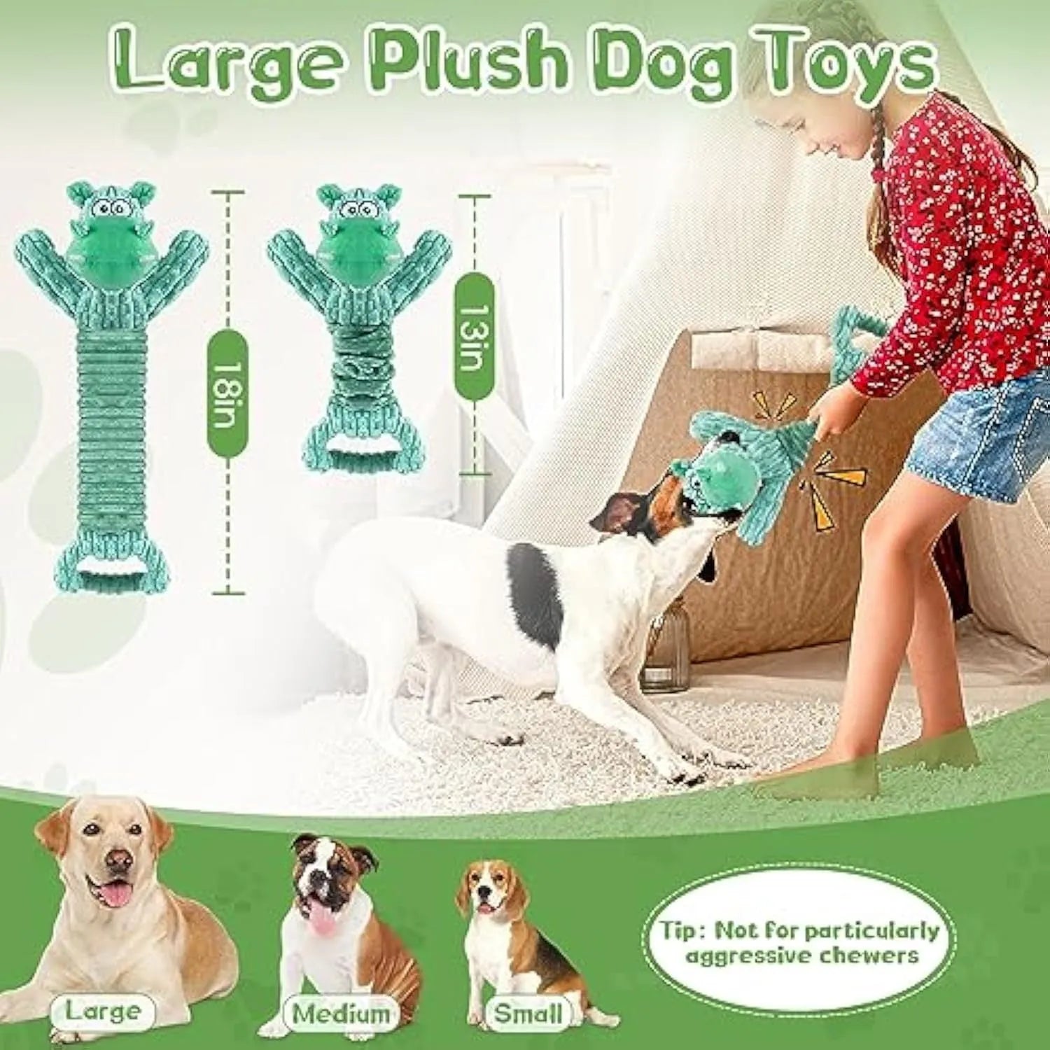 Large squeaky plush dog toy shaped like a hippo or monkey with a tug handle