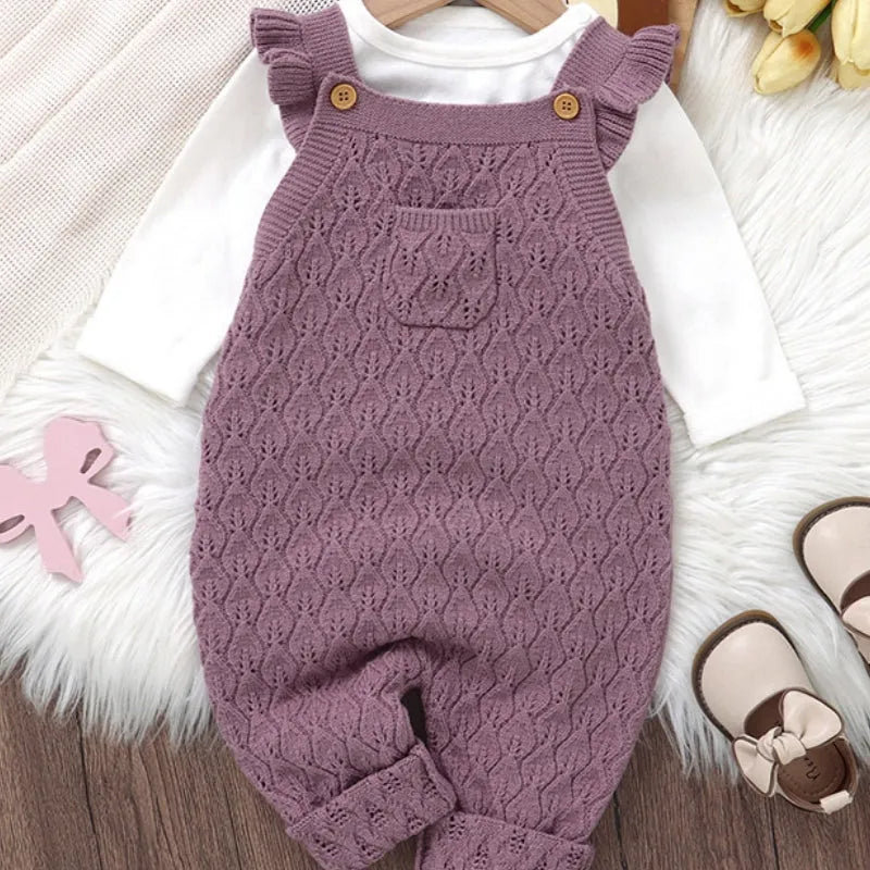 Infant girl solid colour flounced sleeve sling one-piece romper jumpsuit in green knitted polyester fabric