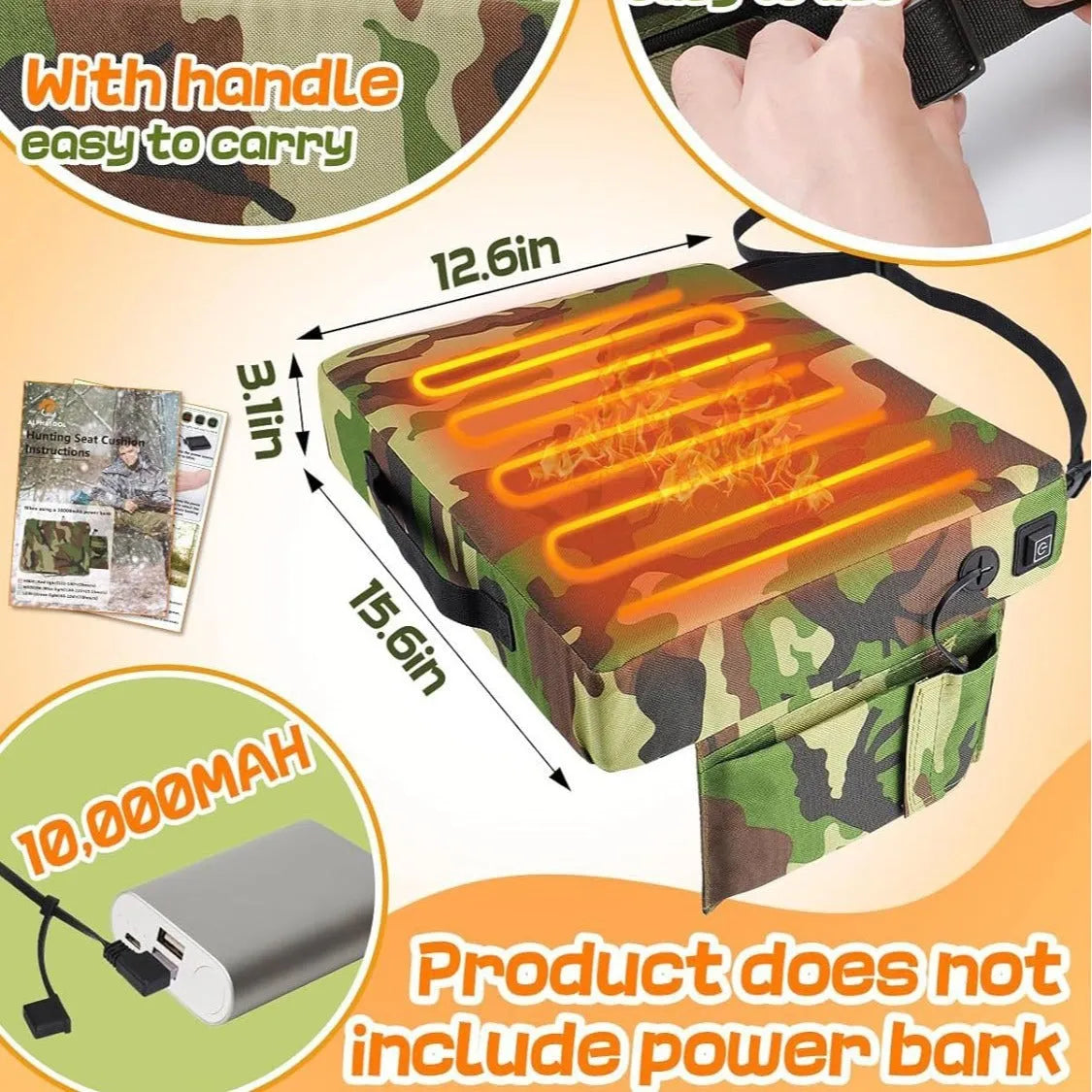 Camouflage heating cushion made of Oxford cloth, size 40x32x7cm, for outdoor stadium use on bleacher seats