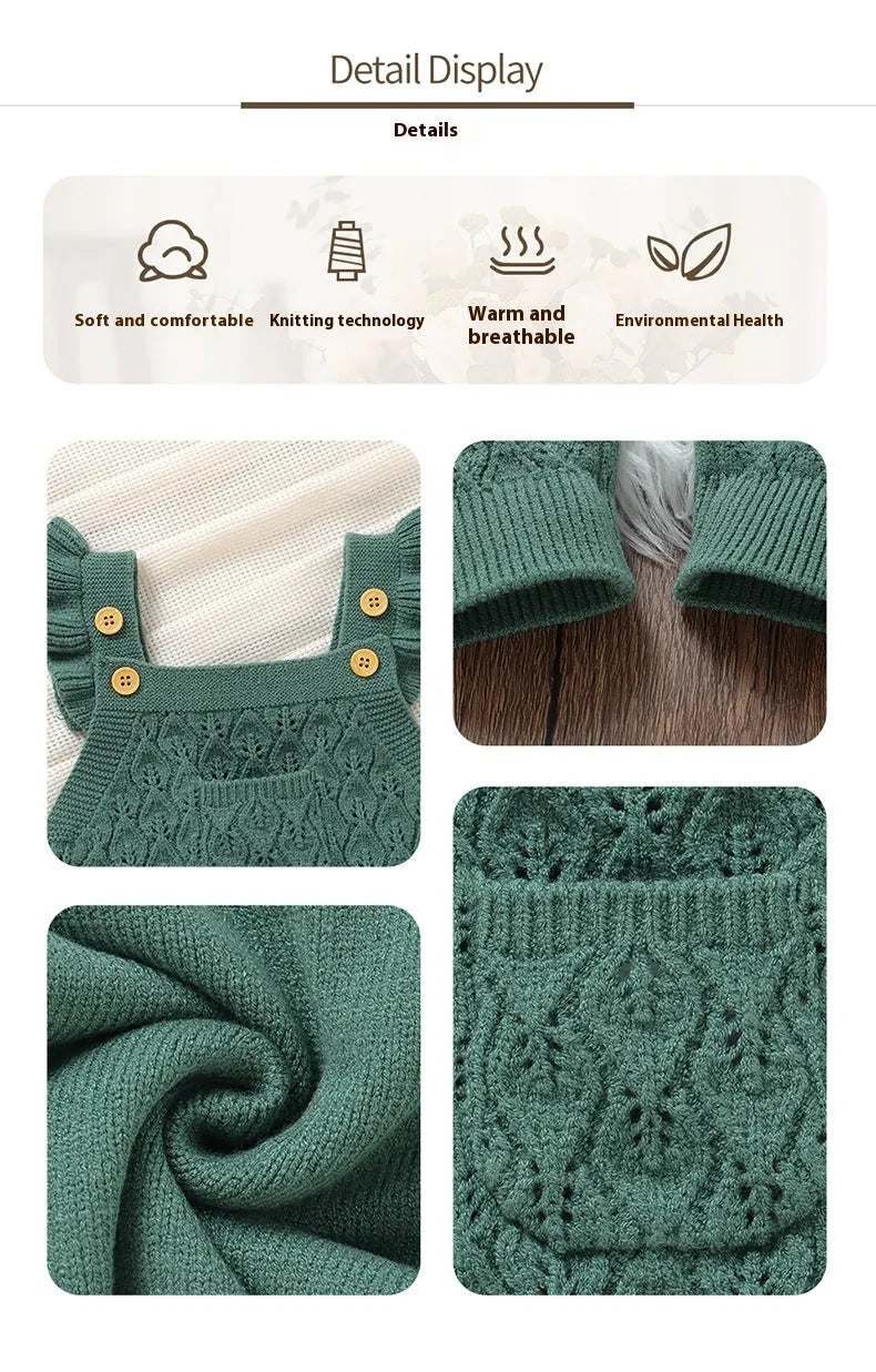 Infant girl solid colour flounced sleeve sling one-piece romper jumpsuit in green knitted polyester fabric