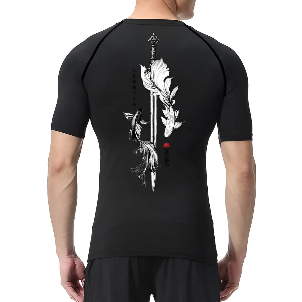 Men's short sleeve compression shirt with sword print design in loose fitting polyester blend fabric