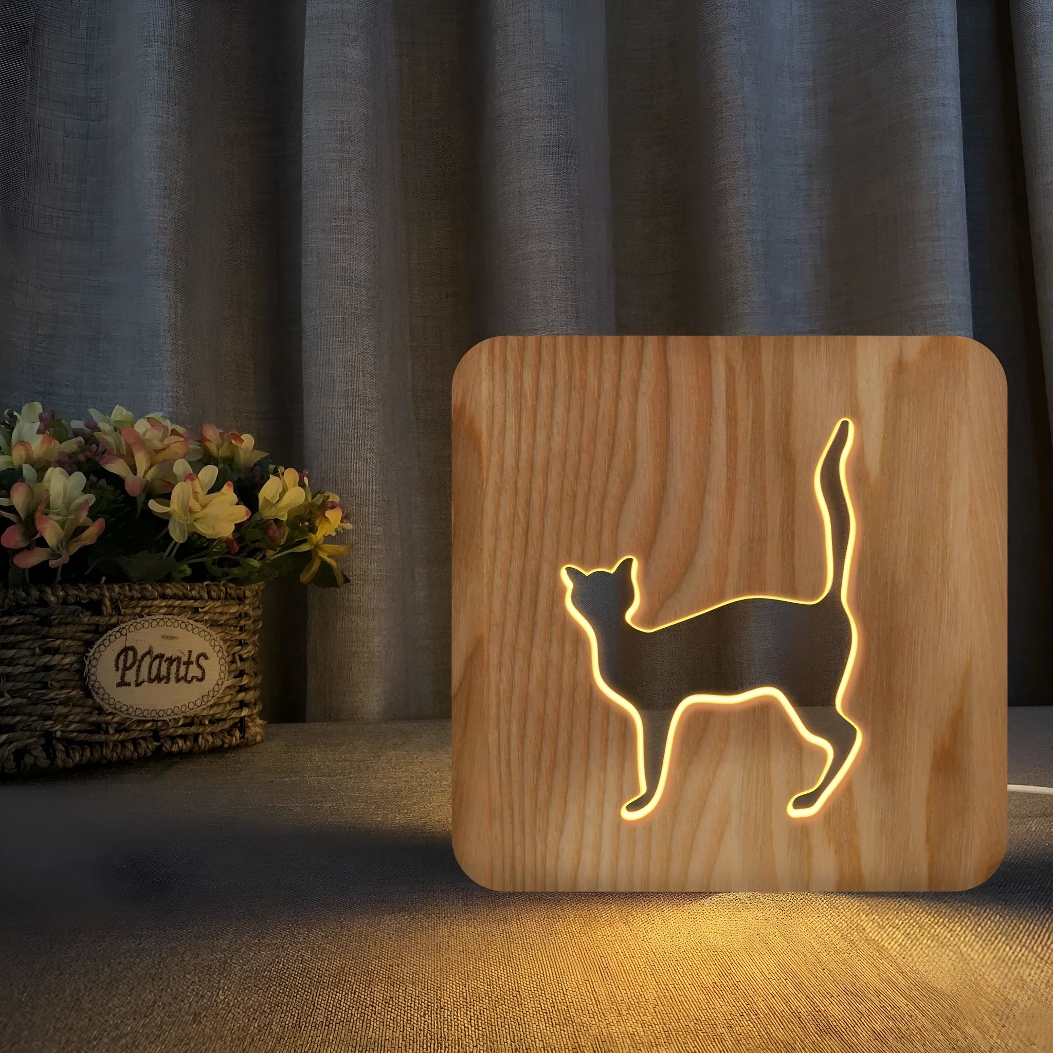Solid wood cat night light with hollow 3D design measuring 190mm square