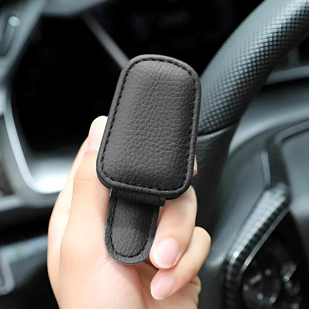 PU leather car sunglasses holder clipped to sun visor in beige colour