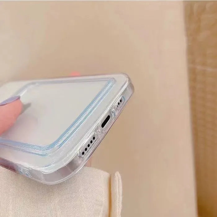 Clear transparent PVC phone case for iPhone with card slots on the back.