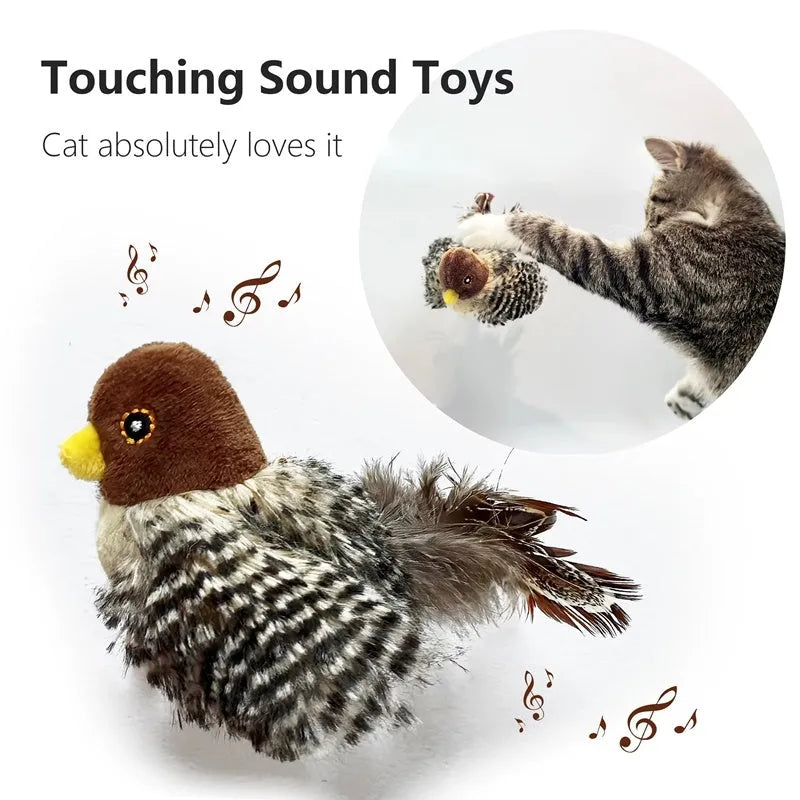 Interactive chirping bird cat toy made of velvet, 5.7x2.8x2.2 inches, with feather and ring for play.