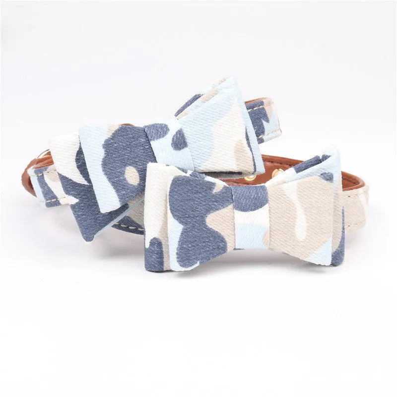 Camouflage Series bowknot pet collar in colourful finish on blue background