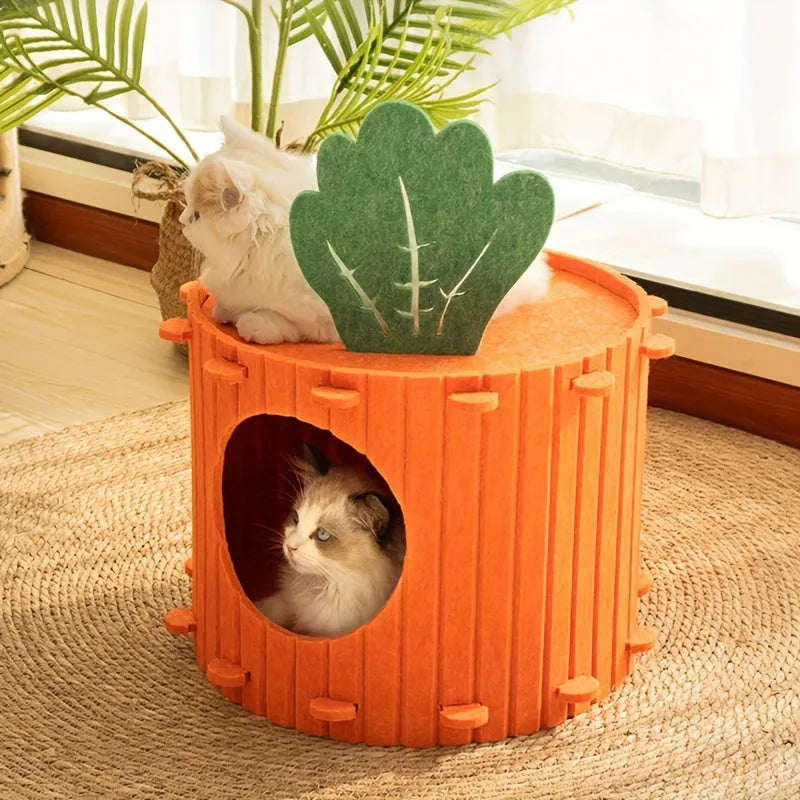 A soft grey felt cat tunnel nest with a round entrance, shown in two different sizes.