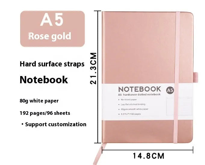 A5 office diary with hand skin feeling PU leather cover and strap closure, open to show horizontal line pages.