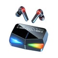 Black in-ear Bluetooth gaming headset with microphone, shown with a smartphone displaying a game.