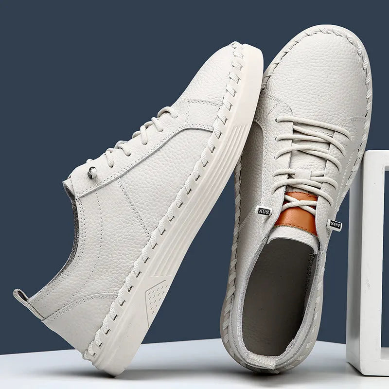 First layer cowhide men's casual sneakers round toe stitching detail beige colour