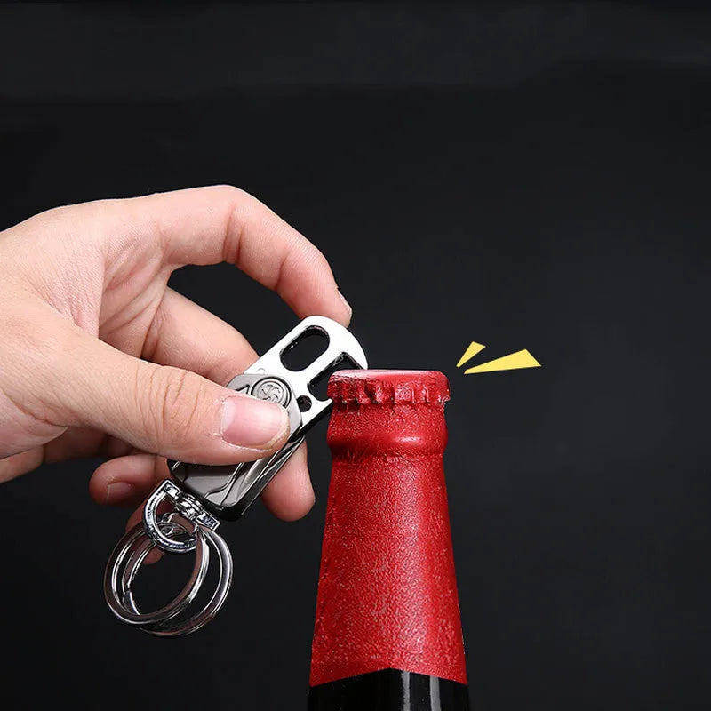 3-in-1 fidget spinner keychain with pocket knife and beer bottle opener in polished chrome-plated alloy