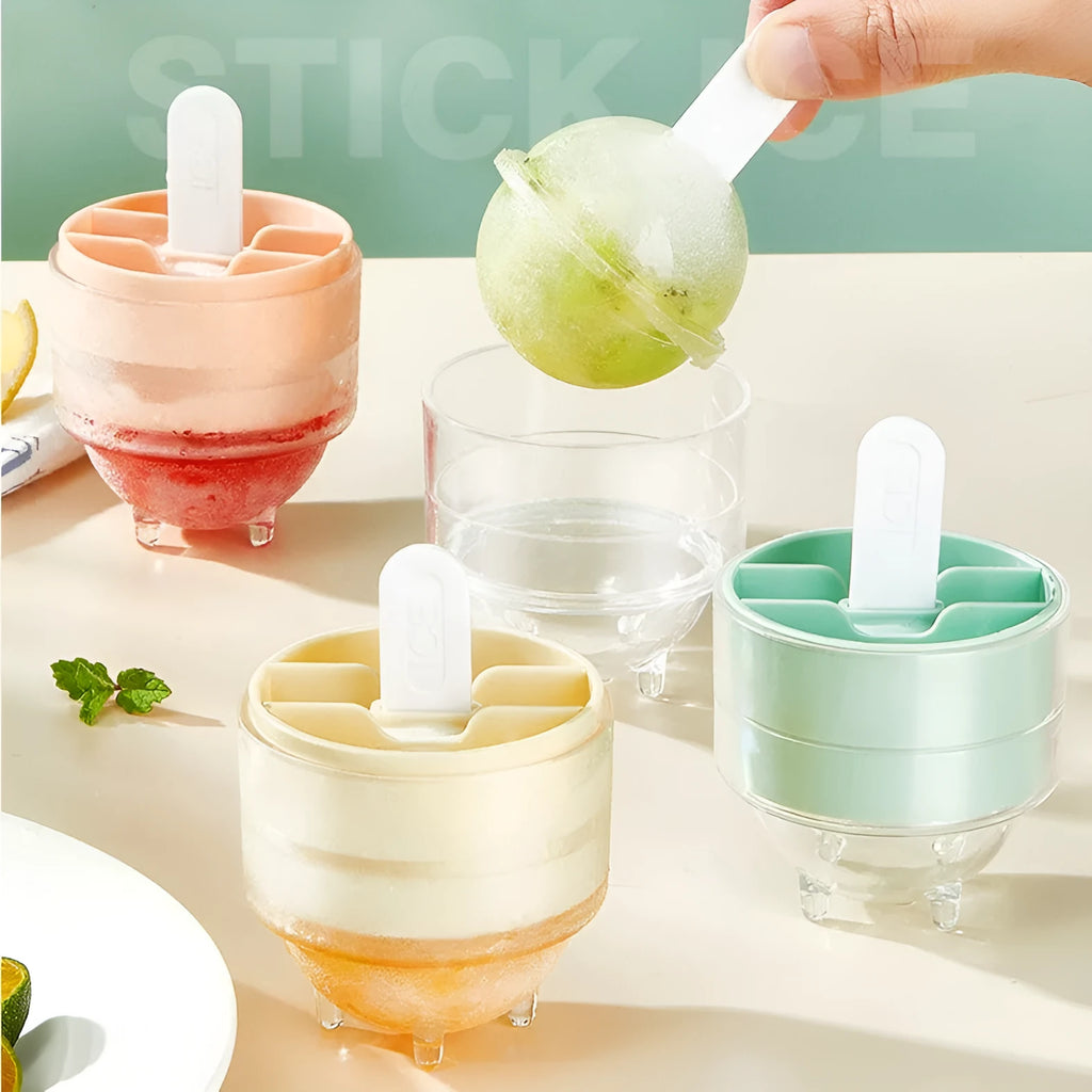 Set of four creative silicone lollipop ice molds in assorted pastel colours on a light background
