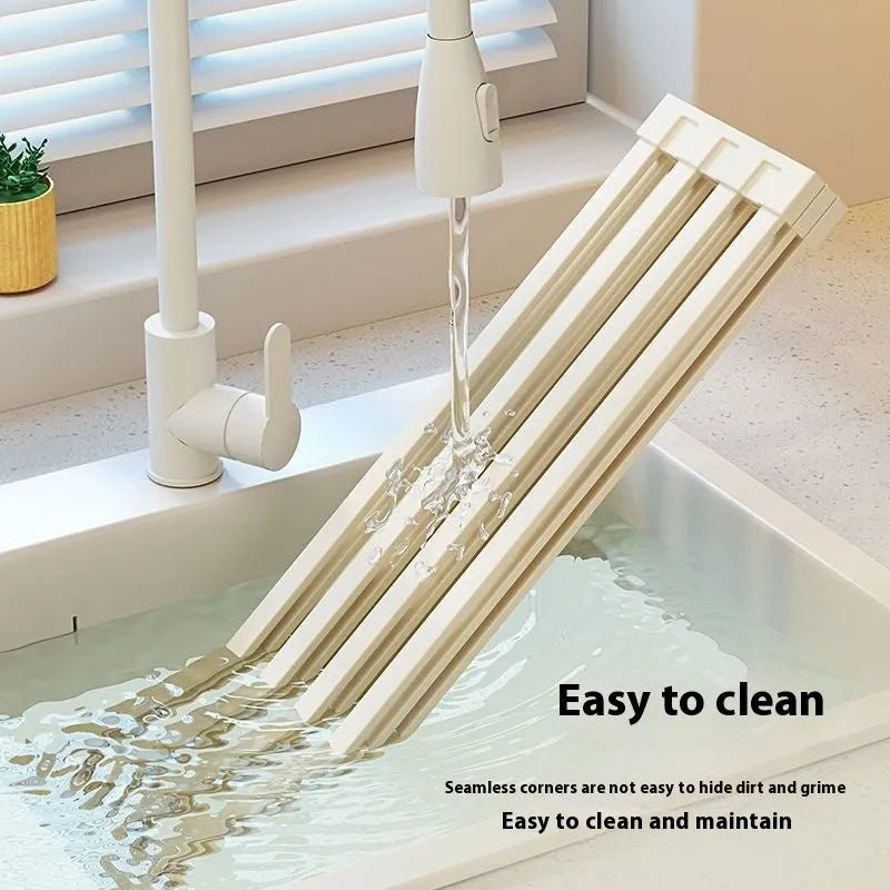 Foldable milky white stainless steel kitchen draining rack with tri-fold design