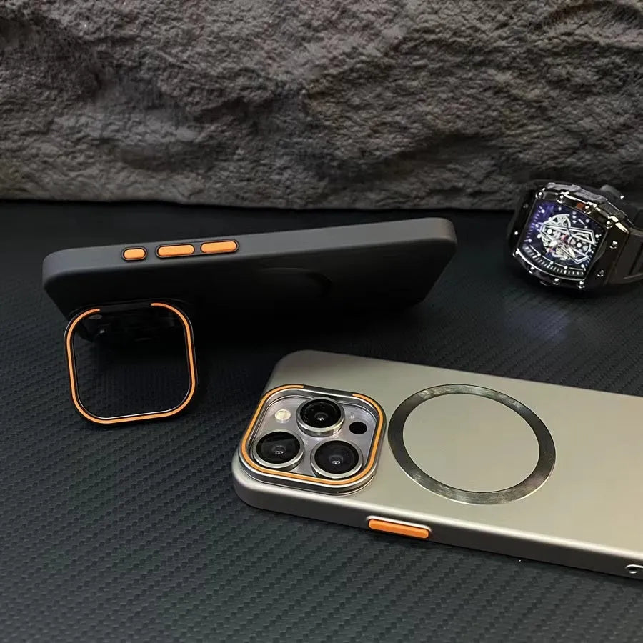 Frosted magnetic phone case with lens protector for iPhone 14 or 15 in Black, Gold, Navy, Pink