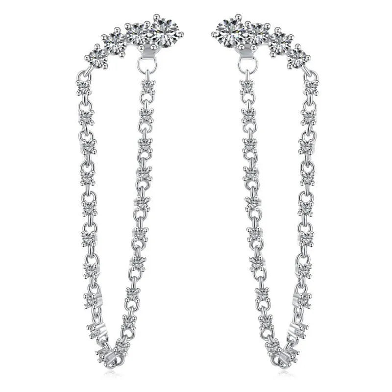 Women's 925 silver rhinestone zircon chain stud earrings 4x10.5mm electroplated finish on white background