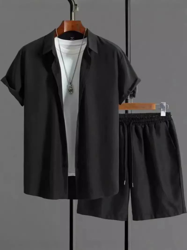 Men's black and white suit shorts set with short sleeve shirt and matching shorts