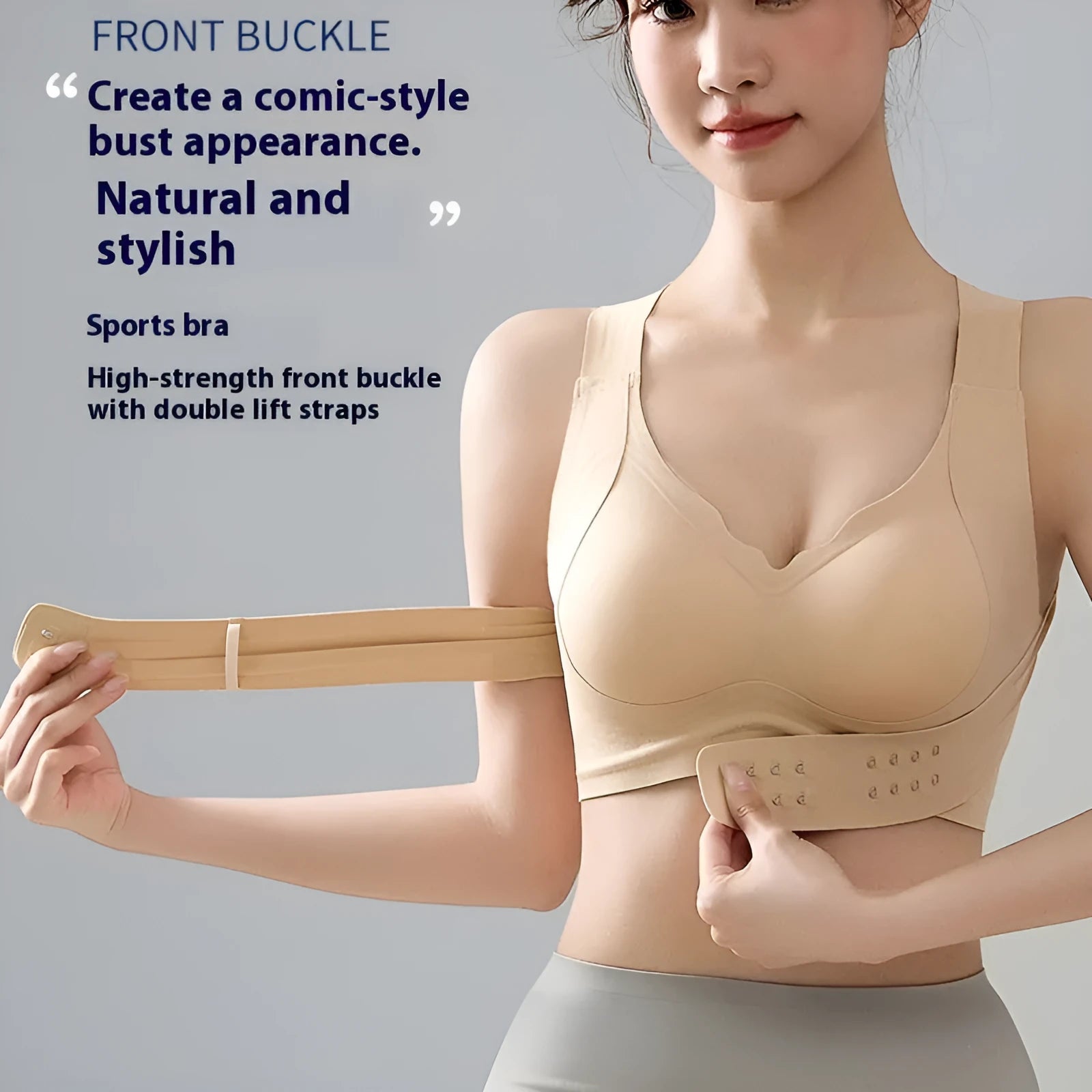 Women's front buckle exercise bra in black, white, or liquid foundation colour with 3/4 cup and double shoulder straps