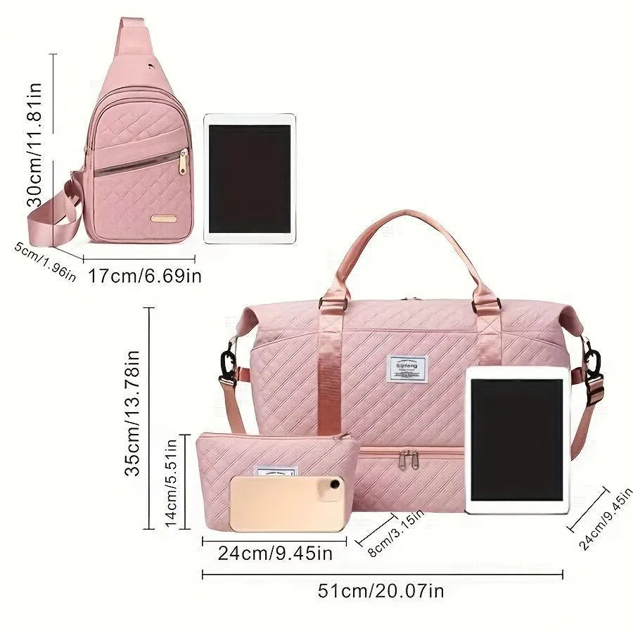 Three-piece travel bag set with waterproof Oxford cloth, two smaller bags, and dry-wet separation in pink black off-white blue