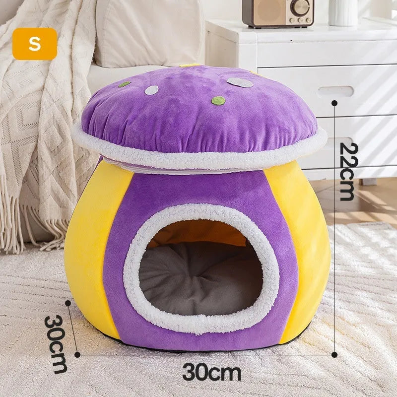 Grey mushroom-shaped plush cat bed on a wooden floor