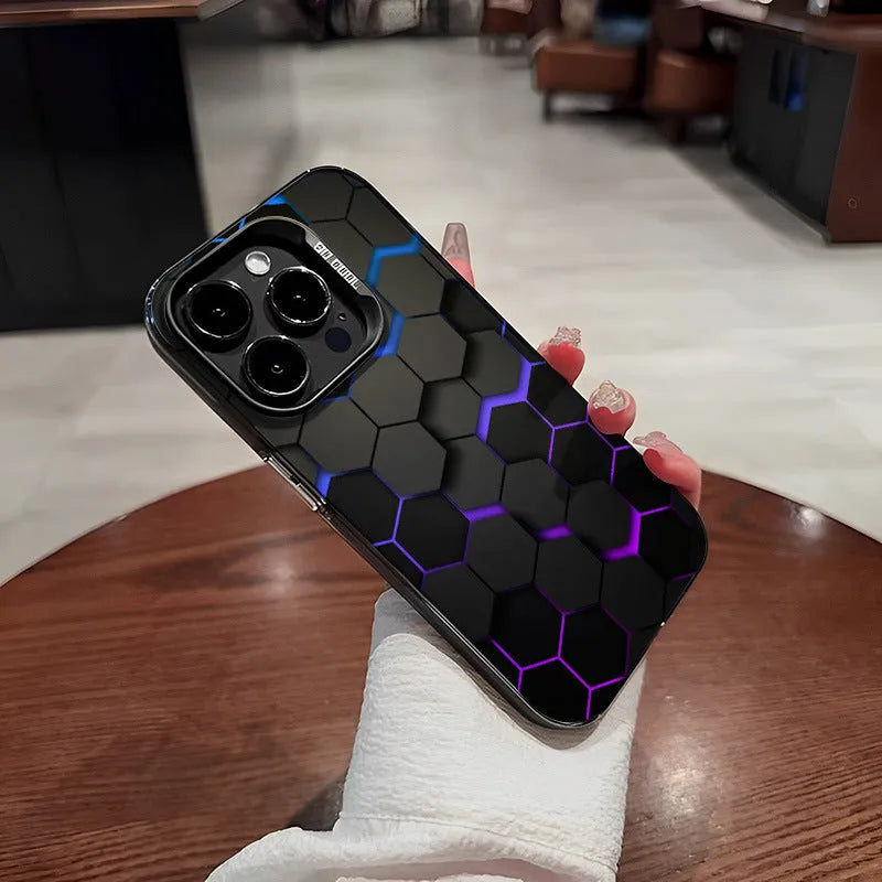 Frosted black iPhone case with honeycomb square pattern on the back.
