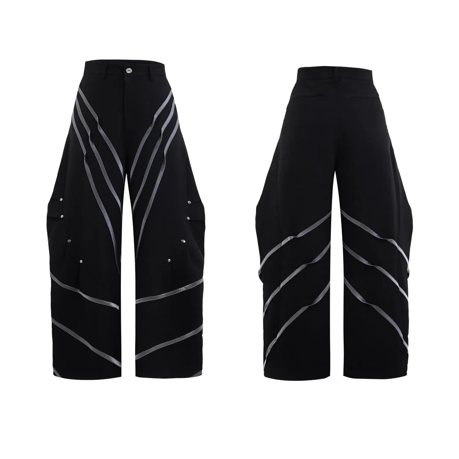 Men's polyester trousers with three-dimensional cutting and metal striped rivet pleats in black or white colours