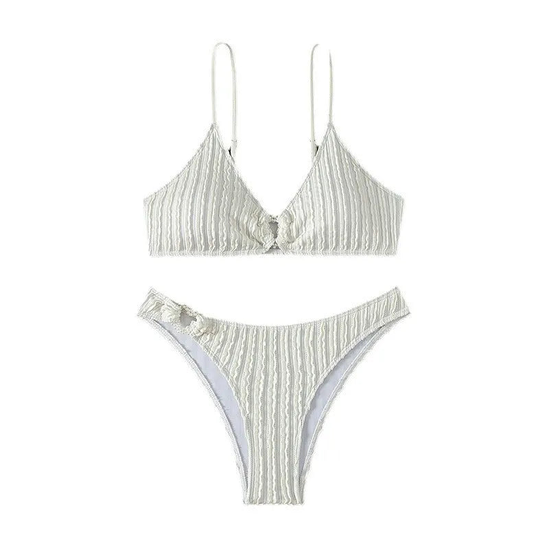 White women's V-neck beach split swimsuit with matching shorts