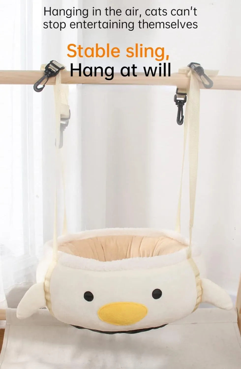 Green dinosaur chick design cat bed shown both flat and hanging, for small cats and dogs.