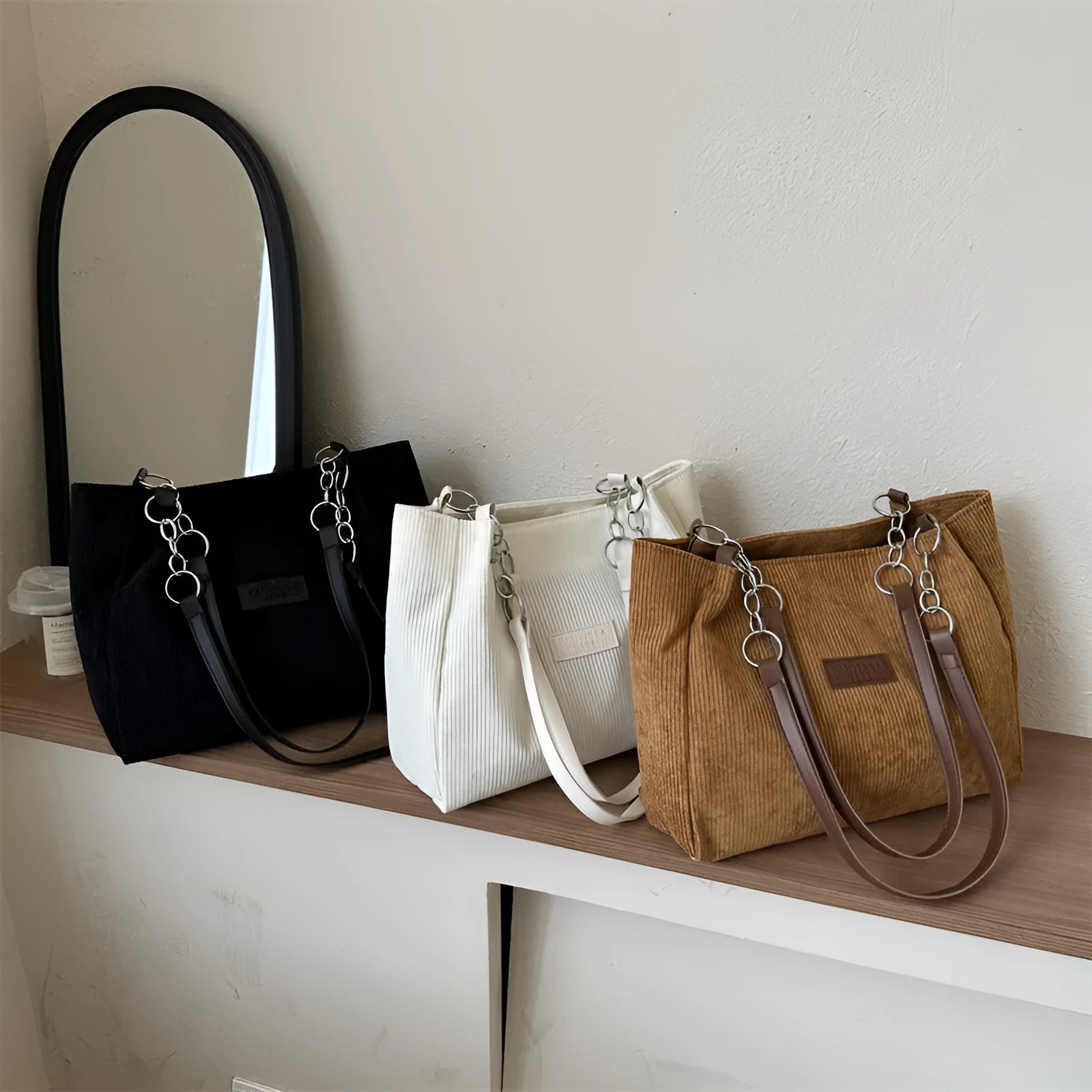 Corduroy one-shoulder tote handbag in square design with three-dimensional pocket