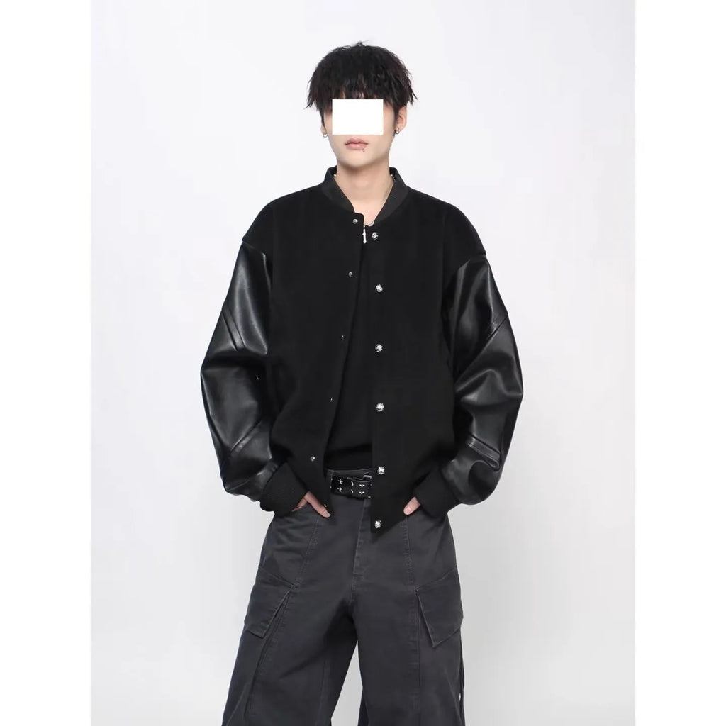 Black loose faux leather coat with longfengni patchwork, polyester lining and side seam pockets