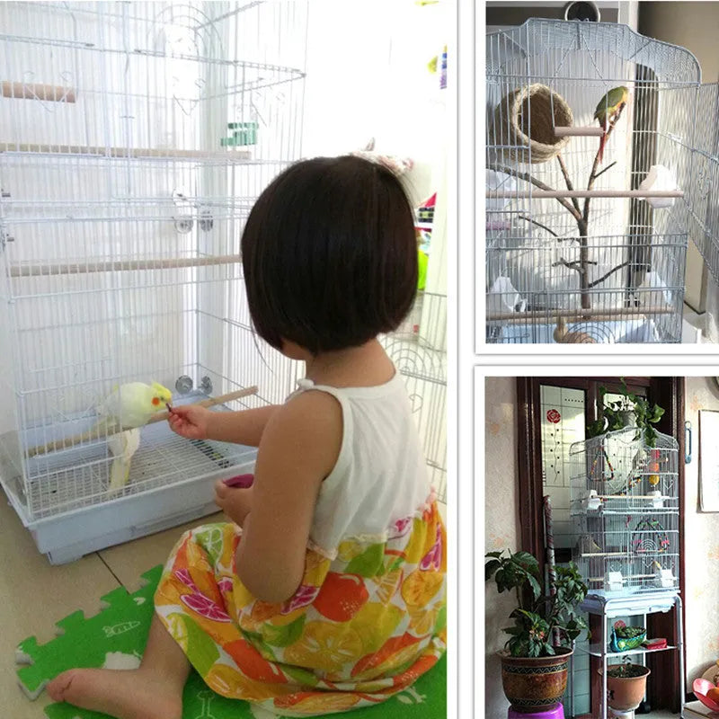Portable wire bird parrot cage 45.5x35x93.5cm black with three wooden poles and plastic food cups removable bottom mesh