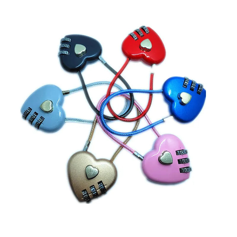 Peach heart shaped ABS plastic cable lock with steel rope, shown in multiple colour options for bicycle helmets.