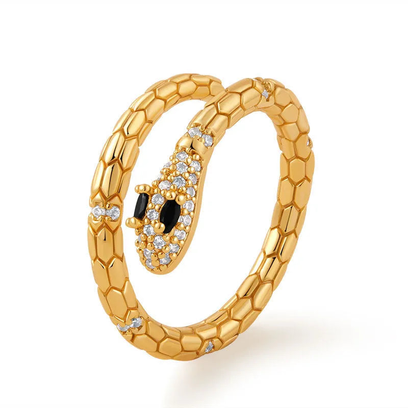 Women's adjustable copper snake ring with 18K gold-colour plating and diamond treatment in KR0201 colour.