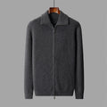 Pure wool zipper cardigan for men in dark gray, long sleeves, lapel collar, front zipper