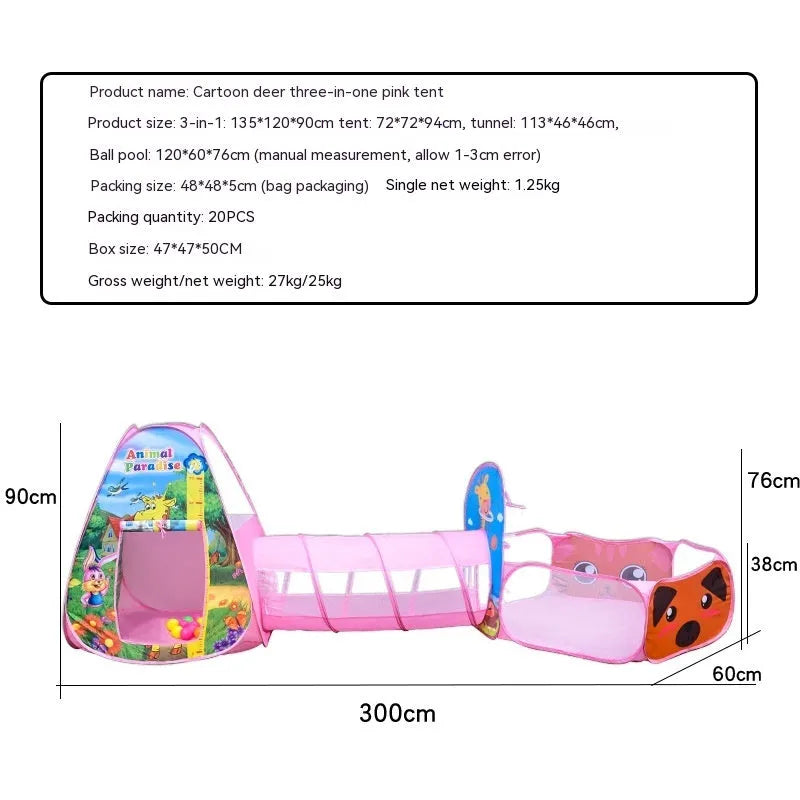 Children's three-in-one cloth play tent set with ball pool and tunnel in a cartoon marine or vehicle theme.