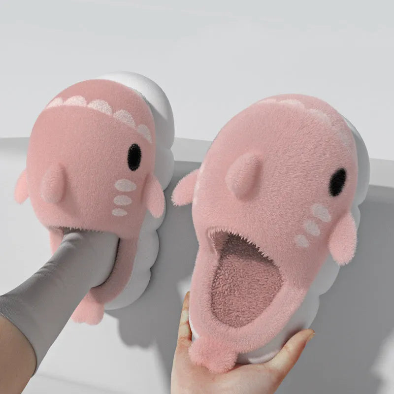 Shark slippers warm winter house shoes suede anti-skid indoor footwear with embroidery, available in multiple colours