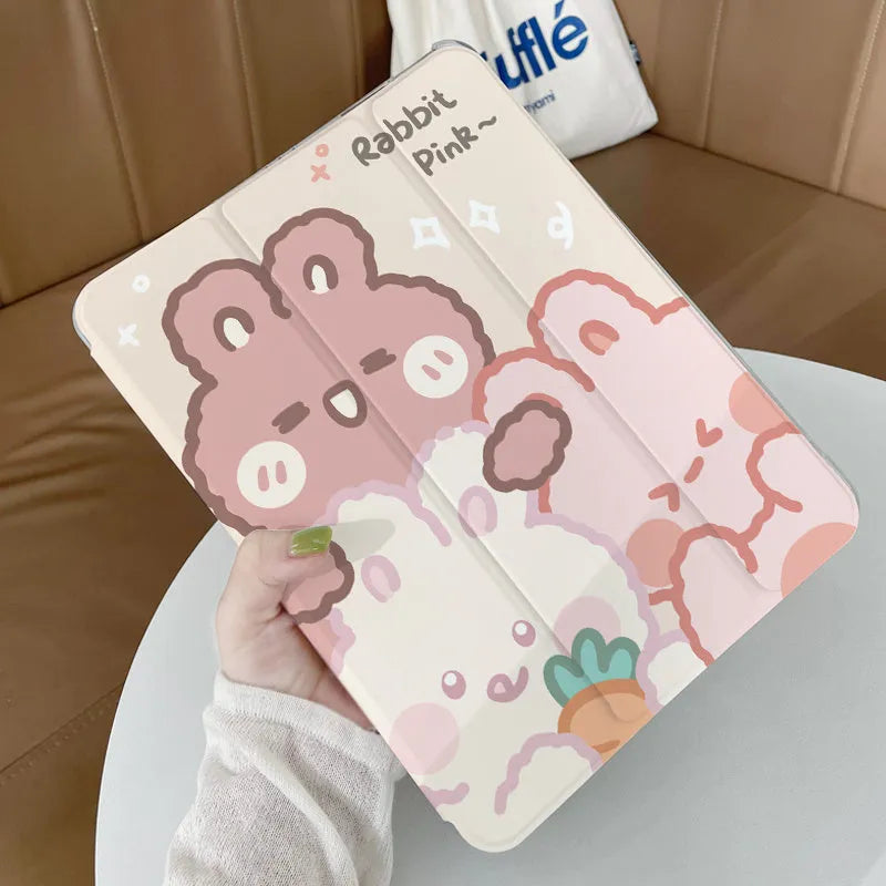 Silicone tri-fold protective case for iPad in cartoon rabbit design, shown in stand mode.
